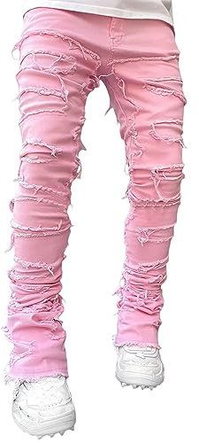 SANSIWU Jeans for Men Stretch Fit Skinny Stacked Ripped Destroyed Jeans Fit Y2K Stacked Patch Jeans Hip Hop Streetwear Straight Trousers (A-Pink, L)