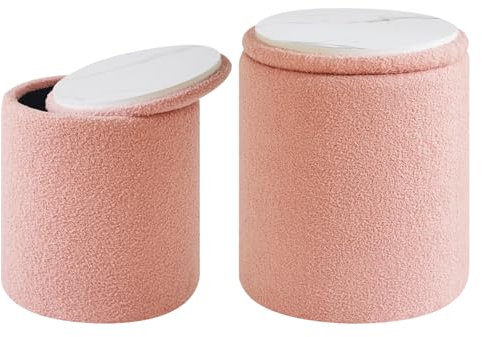 IBUYKE Eitelkeit Hocker für Make-up, Satz von 2-runden Ottoman mit Lagerung, moderner gepolsterter Sitz Couchtisch, Multifunktionsfußstütze Hocker für Wohnzimmer, Granular Pile Fabric Rosa WBD015P