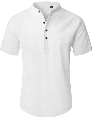 siliteelon White Linen Shirts Mens Shirts Short Sleeve Henley Grandad Shirt for Men Regular Fit Casual Summer Shirt Holiday Trip Tops M