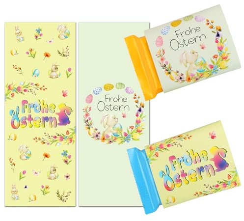 BOOMTOP 50 Frohe Ostern Sticker Schokoladenbanderole Schokolade Aufkleber Osterhasen Bunte Ostern Aufkleber Ostergeschenke Gastgeschenke Osterdeko Mini Schokoladen Banderolen Blumen Dekoration 5x13cm