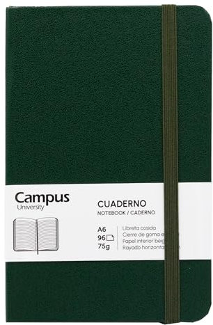 Campus Bullet Journal Notizbuch, A6, horizontal, liniert, 7 mm, gebunden, Hardcover, 96 Blatt à 75 g, elastischer Verschluss, Tasche und Lesezeichen (A6, Querformat, dunkelgrün)