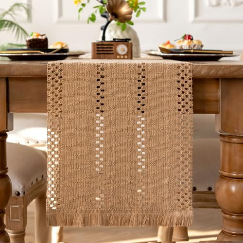 Tischlaufer Brauner 30x140cm Boho Deko mit Makramee Quasten - Baumwolle Leinen Tischdecke für Hochzeit Küche Esstisch- Rustikale Tischdekoration Landhausstil - Abwaschbar Naturfarben
