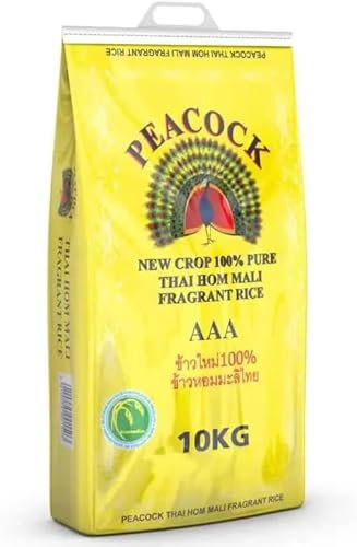 Peacock Thai Hom Mali Fragrant Jasmine Rice, 10kg - Premium Quality Long Grain Aromatic Rice, Ideal for Authentic Thai Cuisine, Perfect for Everyday Meals and Special Occasions.