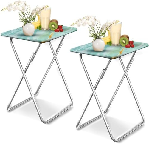 Small Folding Table 2 Set, Side Folding Coffee Table, TV Snack Tray Tables, Sofa Laptop Desk, Outdoor Camping Tables, EndTable, SofaTable, SideTable for Small Space, 47 x 37 x 65 CM (Blue)