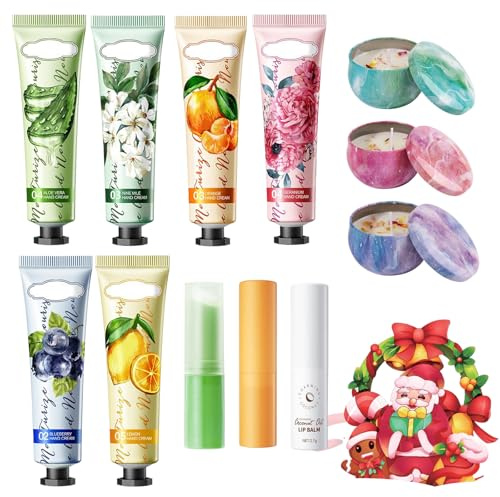 Handcreme Geschenkset Für Frauen, 12 Stück Handcreme Set Mit Lip Balms & Kerze Zur Pflege Und Tiefenbefeuchtung, Geburtstagsgeschenk Für Frauen, Mama, Freundin