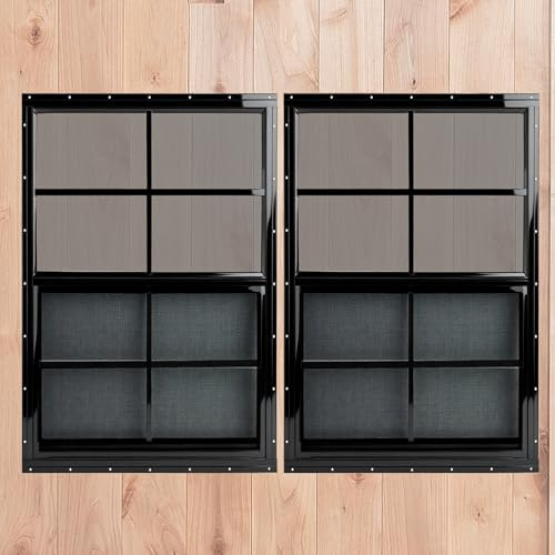 Shineforu Schwarze Schuppenfenster, 53,3 x 91,4 cm, 2 Stück, kleine Fenster mit gehärtetem Glas, bündige Montage, ultimative Wahl für Hühnerstall, Gewächshaus, Garage, Spielhaus