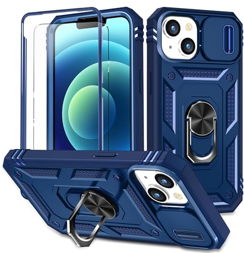 YmhxcY for iphone 13/14 Case with Camera Cover Slider, Screen Protectors,Build in 360°Rotating Ring Kickstand, Military Grade Protective Case for iphone 13/14 6.1-Blue