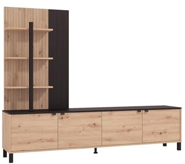 Vente-unique-Mueble de TV con 4 Puertas y 3 estantes - Natural y Negro - NUJA