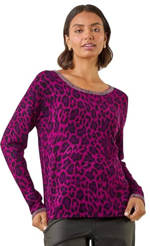 Roman Originals Animal Print Embellished Trim Jumper for Women UK - Ladies Everyday Autumn Winter Scoop Neckline Comfy Soft Evening Vacation Work Party Night Out - Magenta - Size 20