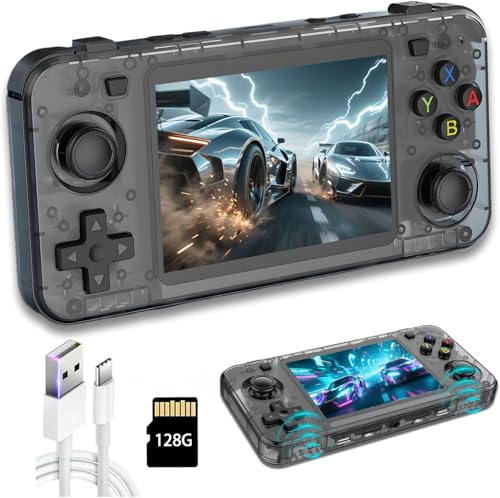 Nueva consola de juegos portátil retro R36H, consola de videojuegos con pantalla IPS de 3,5 pulgadas, tarjeta de 128 GB integrada y 20.000 juegos, sistema Linux de código abierto (Negro, 128g)