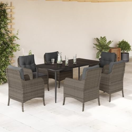 QJBSAVVA 7-TLG Gartenmöbel Set Polyrattan Grau mit Stahlrahmen 160x80x74 cm Esstisch Gartenbank Balkonmöbel für Terrasse Balkon Outdoor