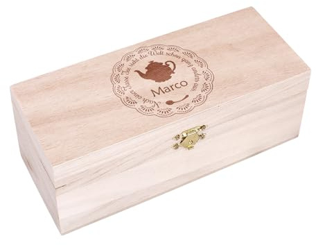 Herz & Heim® Personalisierte Teebox aus Holz mit Gravur – 3-Fächer Teekiste mit Teekannen-Motiv – Aufbewahrungsbox für Teebeutel – Geschenkidee für Teeliebhaber mit Wunschname