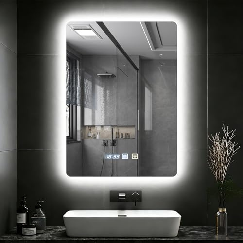 wowspeed Spiegel mit Beleuchtung Bad, Wandspiegel mit Beleuchtung 50cm*70cm, Badspiegel Beleuchtet mit Uhr, LED, Dimmbar, 3 Lichtfarben, Entfogging, Memory of Light