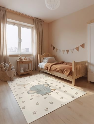 Hanse Home Adventures Kinderteppich Little Elli - Kinderzimmerteppich Elefant, Stern Motiv, Spielteppich, Modern, Junge, Mädchen, Teppich Kinderzimmer, Wohnzimmer - Creme Mulitfarben, 200x290 cm
