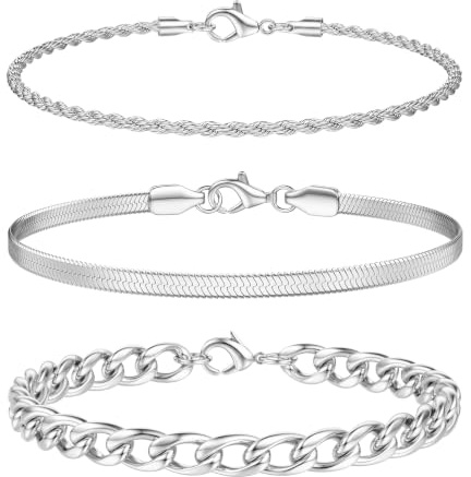 Morfetto 3Pcs Pulsera Hombre Acero Inoxidable No Se Empañan Cadena Set de Pulseras Hombre Oro Plata Robusto Brazalete Cadena Cubana Eslabones Caja Figaro Cómodo Regalos para Hombres