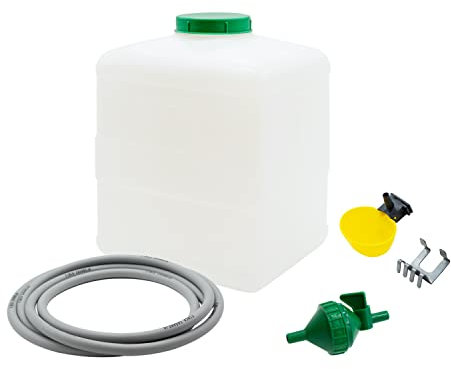 FINCA CASAREJO 20-Liter-Automatische Tränke Set - Tränke für Hühner und anderes Geflügel - Tank + Schlauch + Hahn mit Filter + Automatische Tränke mit Halterung
