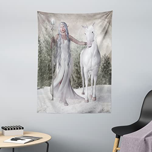 ABAKUHAUS Pferd Wandteppich, Elf holdng Mace und Pferd aus Weiches Mikrofaser Stoff Waschbar ohne Verblassen Digitaldruck, 110 x 150 cm, Kokosnuss