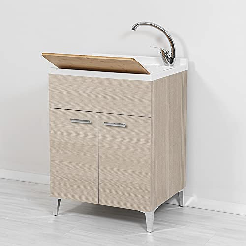 Inbagno Lavatoio con Mobile 60x50, Vasca in Resina, già Montato Completo di ASSE strofinatoio e Kit Scarico