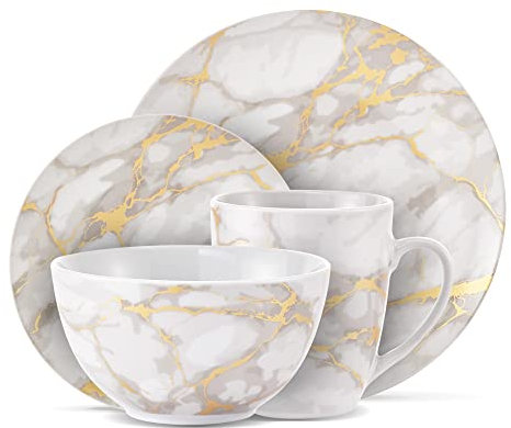 Safdie & Co. - Gold Marmor Teller und Schüsseln Sets, Moderne Küche 16-teiliges Geschirr-Sets, Innen- und Außenteller, mit Tassen, Spülmaschinenfest