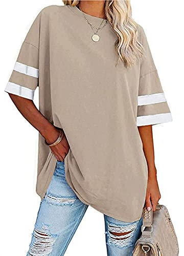 Famulily Women's Oversized T Shirts Striped Half Sleeve O Neck Comfy Cozy Cotton Tunic Tops Beige XXL