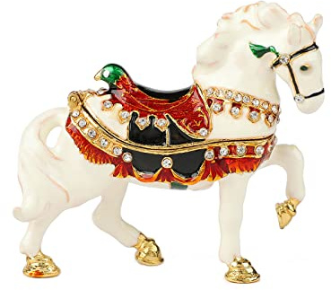 QIFU Hand Painted White Horse Figurine Trinket Box Hinged, Unique Gift for Family
