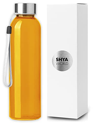 ShyaWorld Glasflasche mit Kordelzug, 500 ml, transparent, Schraubverschluss aus Edelstahl, Einzelschachteln pro Flasche (1 Stück, orange)