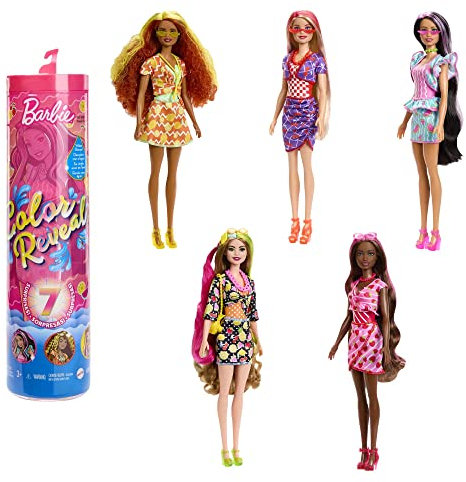 Barbie Colour Reveal, Color Reveal blonden und roten Haaren, 7 Überraschungen, Farbwechsel der Sweet Fruit Serie, 1x Barbiepuppe, Geschenk für Kinder, Spielzeug ab 3 Jahre,HJX49