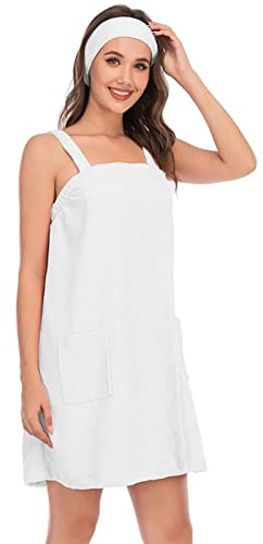 LTLCLZ Paréo de sauna pour femme avec poche, paréo de sauna S-XXL, serviette de sauna avec élastique, serviette de sauna longueur genou, Blanc., XXL