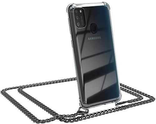 EAZY CASE Handykette kompatibel mit Samsung Galaxy M30s / M21 Handyhülle mit Metal Umhängeband und Ersatz Kordel schwarz, Handykordel mit Schutzhülle, Stylische Kette, Metal - Anthrazit
