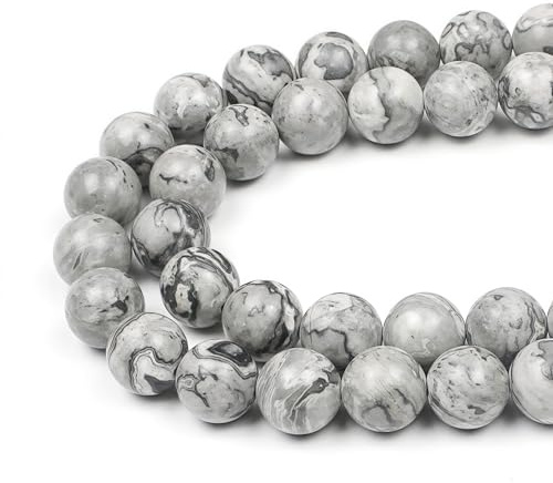 MJDCB Natural Round Stone Beads 12mm Map Stone Loose Gemstone Beads for Jewelry Making Bracelet Necklace 30pcs