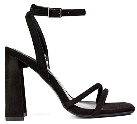 Womens Strappy Sandals Ladies Ankle Strap Square Toe Block Heeled Party Sandals Size 3-8 Black Faux Suede
