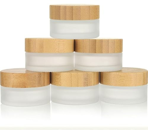 COSIDEA Lot de 5 pots vides de 30 g/1 oz en verre dépoli rond avec couvercles en bambou, pots de crème en bambou rechargeables pour cosmétiques de voyage pour baume à lèvres, onguents, emballage de