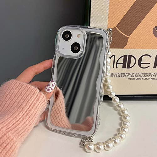 aaknhen Compatible for iPhone 13 Case Cute Makeup Mirror Curly Wave Frame Soft Shockproof Case with Pearl Wrist Strap Bracelet Chain for Women Girls(Clear,iPhone 13)