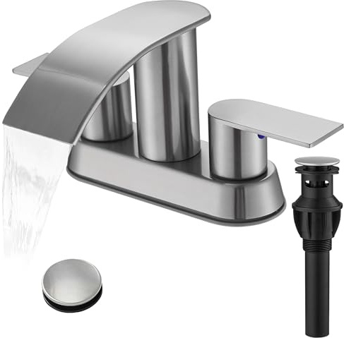 Waterfall Bathroom Sink Faucet 4/8 Inch Brushed Nickel Faucet Bathroom with Pop Up Drain 2 or 3 Holes Bathrooms Basin Lavatory Mixer Tap with Deck Mount Plate