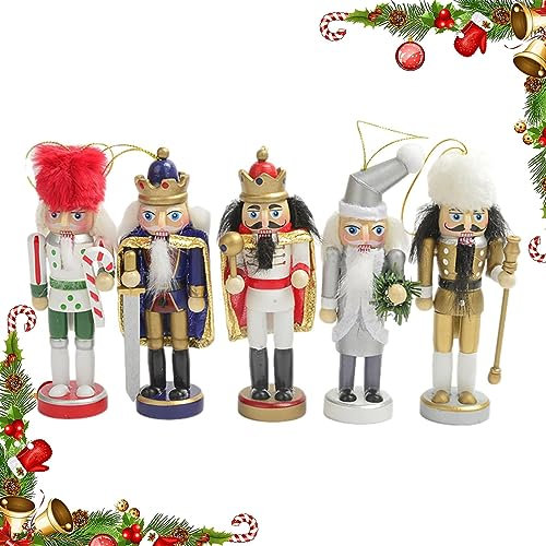 Tsuchiya Set di decorazioni natalizie per schiaccianoci | 5 pezzi in legno Schiaccianoci soldato, schiaccianoci da appendere, statuette ornamentali, re e soldato schiaccianoci per feste di Natale