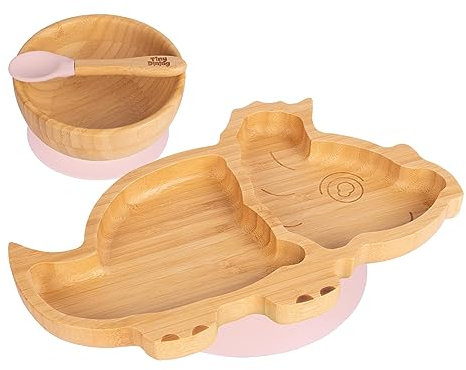Tiny Dining Baby Dinner Set - Dinosaur - Pastel Pink - 3pc - Divided Non-Slip Bamboo Self-Feeding Weaning Plate, Bowl & Spoon for Babies, Toddlers, Children