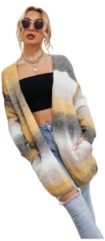 HEYPORK Damen Herbst Winter Warm Bequem Jacke Casual Mode übergangsjacke Mantel Frauen Pullover Regenbogen Mittlere Länge Strickjacke Tasche Gestrickt Jacke(Braun, 3XL)