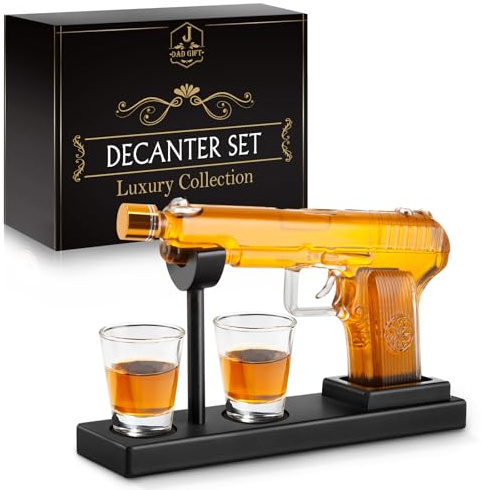 Jolitac Gifts for Men Dad, Father Pistol Gun Whiskey Decanter Set with Two Shot Glasses - Anniversary Present Ideas for Brother, Cool Home Bar Decor and Drinking Party Accessories Liquor Dispenser