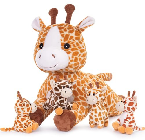 MorisMos 55cm lang riesen Giraffe Kuscheltier groß, Giraffe Stofftier XXL mit 4 Plüschbaby im Bauch, liegend Plüsch Hirsch Rehteddy,Geschenk Kinder Mädchen Jungen
