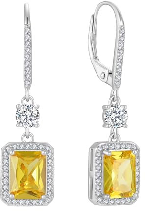 FJ Quadrat Prinzessschliff Hängend Ohrringe Damen 925 Sterling Silber Solitaire Halo Citrin Ohrringe November Geburtsstein Schmuck Geschenke für Frauen
