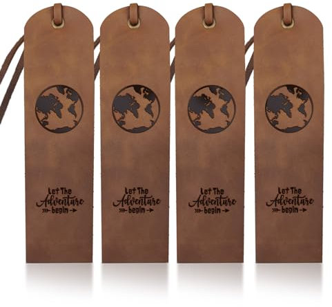 MAYJOYDIY 4 Stück „Earth Adventure“ Leder Lesezeichen 5 × 18cm „Let The Adventure Begin“ Globales Reisethema Lesezeichen Aus Rindsleder Handgefertigte Seitenmarker Für Buchautoren Zubehör Geschenke