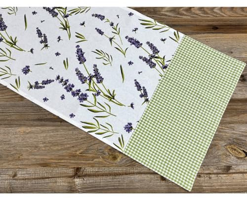 Tischäufer LAVINA Lavendel Motiv kariert - Große Stoff Tischdecke Landhausstil 40 x 100 cm rechteckige Tischdeko - Waschbare Mitteldecke aus 100 % Baumwolle als moderne Esstischdeko, Hochzeitsdeko