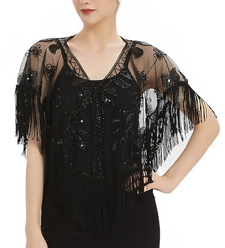KINLYBO Damen-Schal mit Quasten, Pailletten, 1920er-Jahre-Stil, Retro, Abendkleid, Party-Umhang, Schwarz , One size