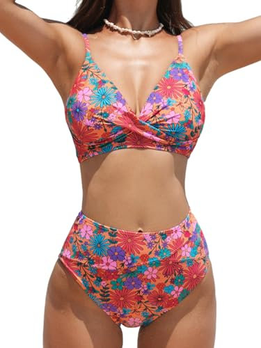 CUPSHE Bikini da donna a vita alta con scollo a V imbottito due pezzi costumi da bagno costumi da bagno, Rosa/Arancione Floreale, M