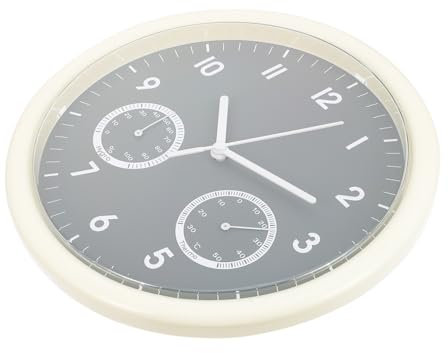 Yardenfun Batteriebetriebene Wanduhr Mit Thermometer Und Hygrometer Dekorative Leise Runde Uhr Weißer Gehäuse Nebelgraues Ziffernblatt Für Zuhause Und Büro