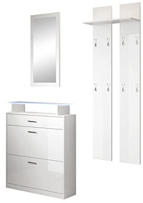 MB Muebles Bonitos | Flurmöbel Set mit Schuhschrank, Spiegel und Garderobe | Glasablage mit LED | Glänzendes Melamin | Farbe Weiß | Schuhregal für die tür | Modell Paola Set