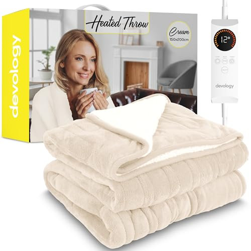 Devology Heated Throw - Electric Blanket - Digital Controller - Timer up to 12 hours, 6 Heat Settings, Auto Shutoff - Machine Washable - Double 150x200cm - Cream
