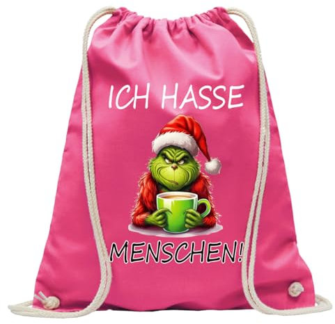 Print Deluxe Rucksack bedruckt mit Spruch, Grinch Ich hasse Menschen, Hipster, Sportbeutel, Turnbeutel, Sprüche Jute Beutel, Zuziehbeutel mit Kordeln (Pink)