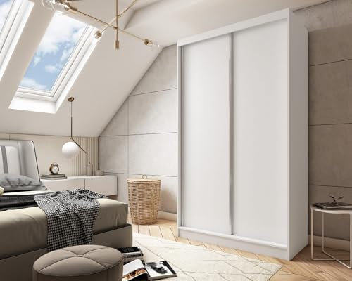 AGMAT-FURNITURE Schwebetürenschrank Inari, Kleiderschrank mit 2 Türen, Moderne Garderobe in Farbe: Weiß, Schrank in Größe: 150 x 216 x 61 cm