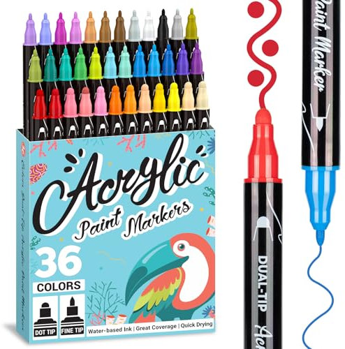 APOGO 36 Acrylstifte, Doppelseitiger Acrylstifte für Steine Wasserfest, Schnelltrocknender Acrylic Marker, Multimarker, Acrylstifte Wasserfest für Steine, Holz, Tassen und Glas